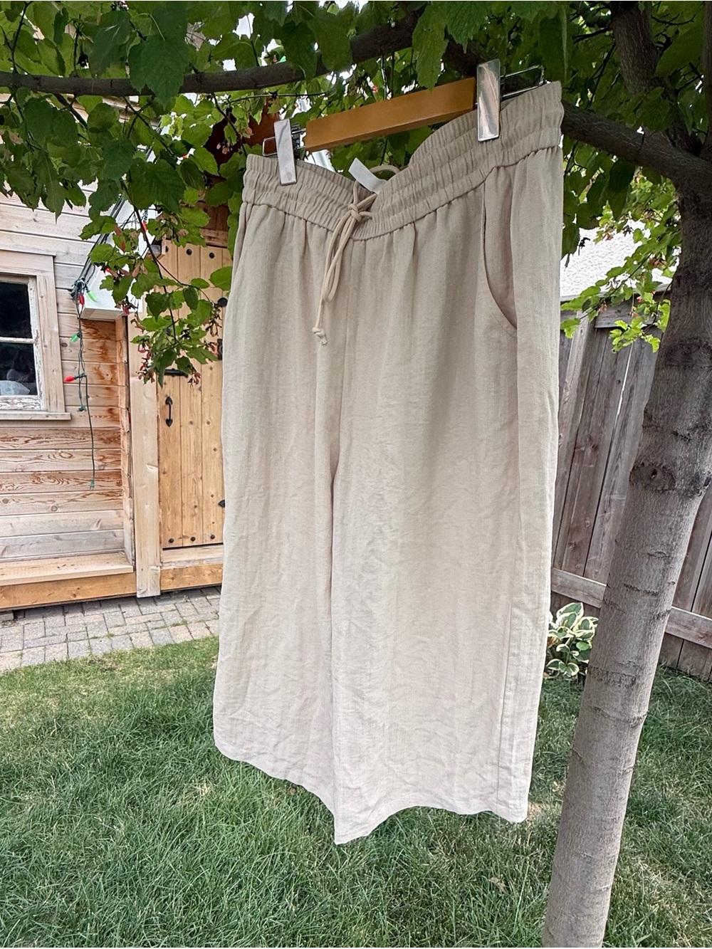 Halara Breezy Wide Leg Drawstring Linen Pants Oatmeal Beige Lounge Size Large - Picture 2 of 7
